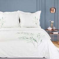 Pościel satynowa HAFT 200x220 biała haftowane zielone gałązki