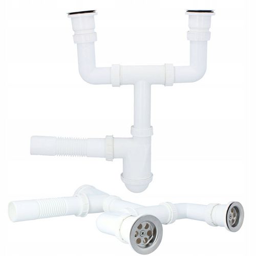 Syfon Zlewu DWUKOMOROWEGO 50 mm Odpływ PODWÓJNY Zlewozmywaka Sitko Manua W2 na Arena.pl