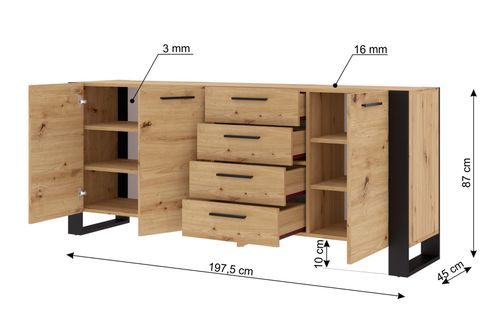 Komoda NUKA K 197 cm 4 szuflady dąb artisan czarna na Arena.pl