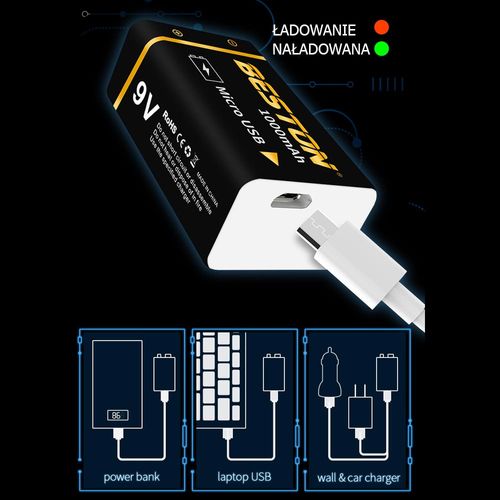 1x akumulatorek bateria 9V 1000 mah z microUSB 6LR61 6F22 6AM6 522 Block 9V MN1604 na Arena.pl