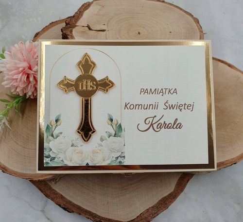 Pamiątka Komunii Świętej-PREZENT, pudełko. Różaniec i serduszko komplet na Arena.pl