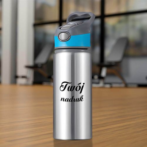 Srebrny bidon 650 ml z Twoim nadrukiem niebieska wstawka na Arena.pl