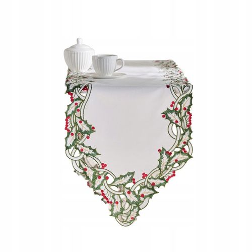 Biały BIEŻNIK ŚWIĄTECZNY haftowany bieżnik NA STÓŁ ŁAWĘ ostrokrzew home&you na Arena.pl