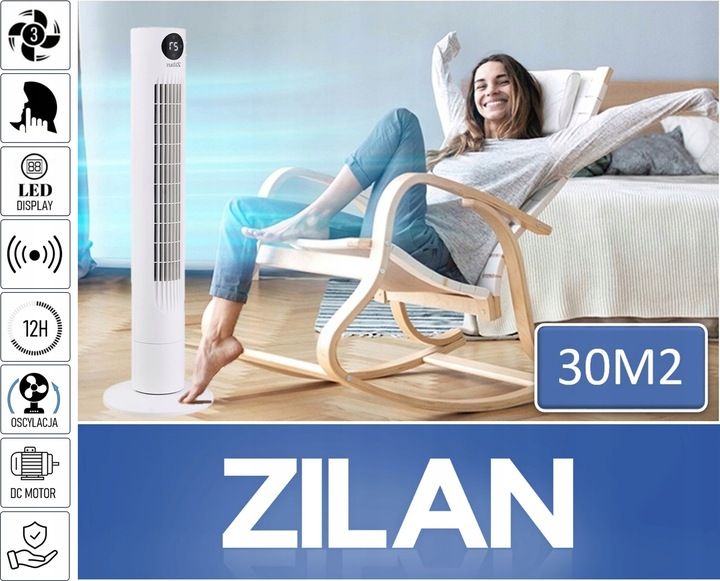 WENTYLATOR KOLUMNOWY XL 60W BIAŁY CICHY PANEL LED PILOT OSCYLACJA TERMOMETR zdjęcie 5