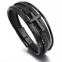 CZARNA SKÓRZANA BRANSOLETKA MĘSKA KRZYŻ RZEMYKI