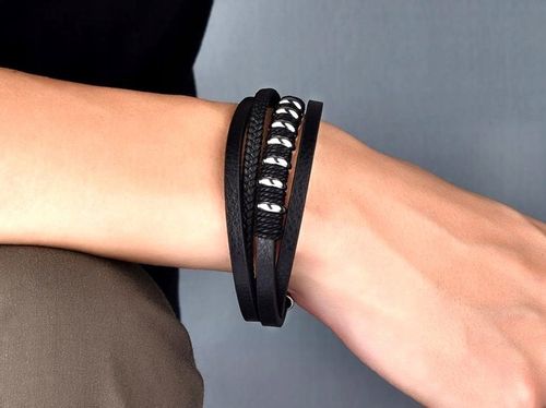 Czarna Bransoletka Punk Warkocz Męska Stal Skóra na Arena.pl