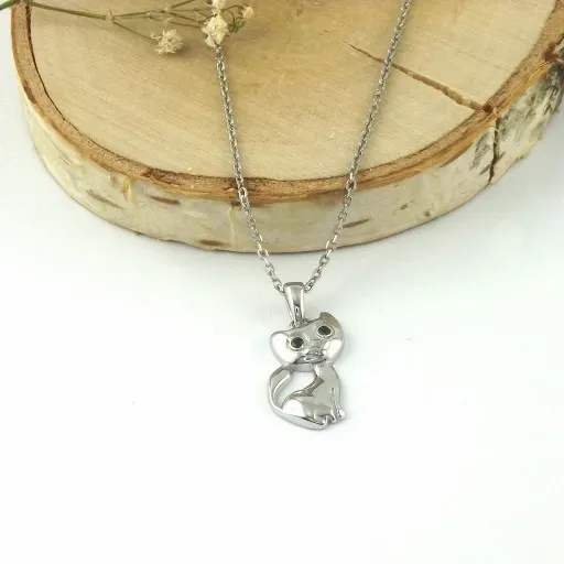 Naszyjnik Srebrny 925 Łańcuszek i Wisiorek Kotek Kot z Zielonymi Oczami zdjęcie 5