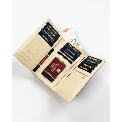 portfel damski na bigiel i zatrzask wykonany ze skóry naturalnej ze wzorem na Arena.pl