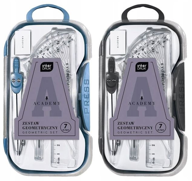 Zestaw Geometryczny 7 elementów CYRKIEL, LINIJKA, EKIERKI, RYSIKI Interdruk zdjęcie 2