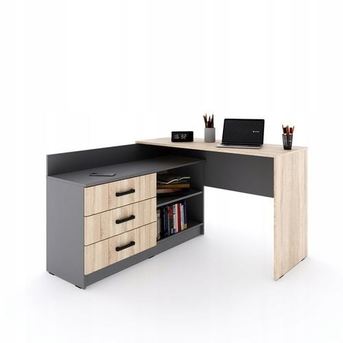 Funkcjonalne biurko narożne Omega - 3 szuflady - grafit / dąb artisan na Arena.pl