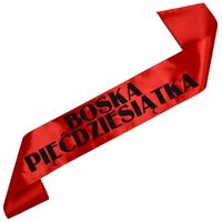 Czerwona szarfa z czarnym nadrukiem Boska Pięćdziesiątka