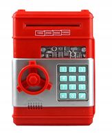 CZERWONY SEJF SKARBONKA MONETY BANKNOTY WPŁATOMAT