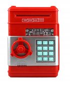 CZERWONY SEJF SKARBONKA MONETY BANKNOTY WPŁATOMAT