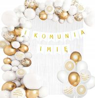 Girlanda balony ścianka I Komunia imię biała złota