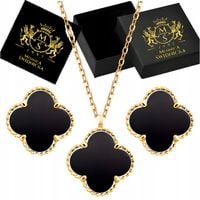 Złoty Komplet Koniczynki Kolczyki i Naszyjnik z Czarnym Onyxem Srebro 925