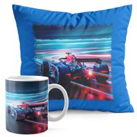 ZESTAW KUBEK + PODUSZKA NIEBIESKA - BOLID F1 WYŚCIGI SPORT