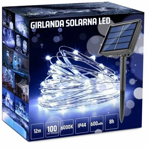 LAMPA SOLARNA GIRLANDA OGRODOWA 100 LED ZIMNA 12m na Arena.pl