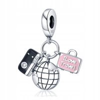 Zawieszka SREBRO 925 Charms Koralik Podróż Aparat Globus Walizka