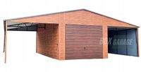 GARAŻ BLASZANY 6,5m x 6m + 3m. wiata - poziom - dwuspad 2x Brama uchylna + drzwi + 2x okno - drewnopodobny BOX86 6,5x6