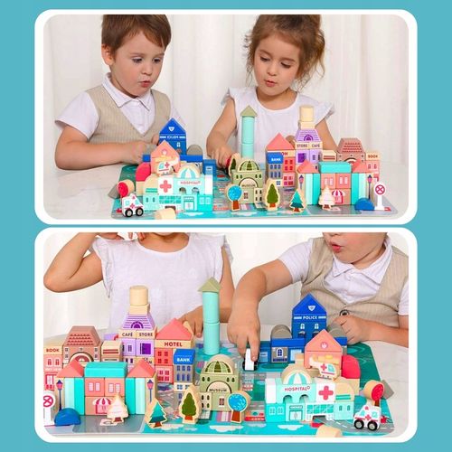 ZESTAW Klocki drewniane Miasto Auta Zestaw Puzzle Mata 115 Klocków EDU na Arena.pl