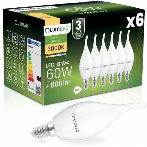 6x Żarówka LED E14 PŁOMYK 8W = 60W 3000K Ciepła Biała Świeca CCD NIE na Arena.pl