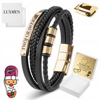 Bransoletka Męska Czarna Skórzana Pozłacana Z GRAWEREM Idealna na Prezent