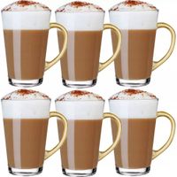 2 x KOMPLET 6 SZT SZKLANEK ZE ZŁOTYM UCHEM DO KAWY LATTE + ŁYŻECZKI NA PREZ