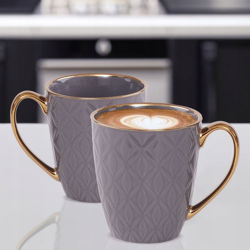 PORCELANOWY KUBEK NA KAWĘ HERBATĘ SZARY ZDOBIONY ZE ZŁOTYM UCHEM 360ML na Arena.pl