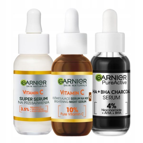 Garnier Serum Do Twarzy Z Witaminą C Zestaw: Dzień, Noc i Z Kwasami AHA BHA zdjęcie 1