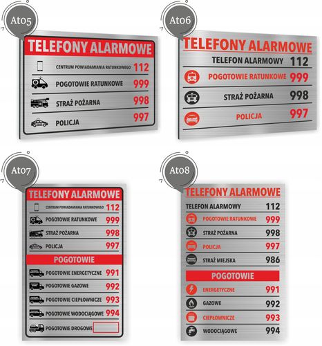 Tabliczka Telefony Alarmowe 20x15 Tablica informacyjna nierdzewna ALUMINIUM na Arena.pl