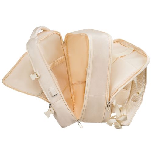 praktyczny plecak podróżny w kolorze ecru, wyposażony w siatkowaną na Arena.pl