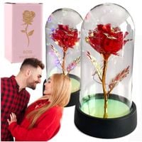 Wieczna róża kwiat czerwona dekoracyjna na prezent w kopule z lampkami LED