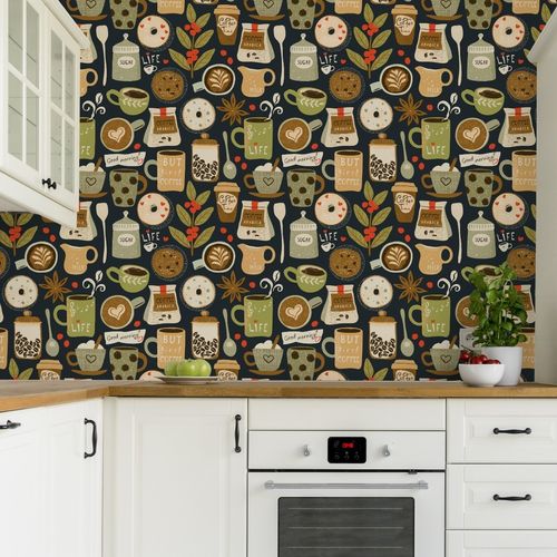 Tapeta Ścienna Ziarna Kawy LIŚCIE Filiżanki Napisy na Arena.pl