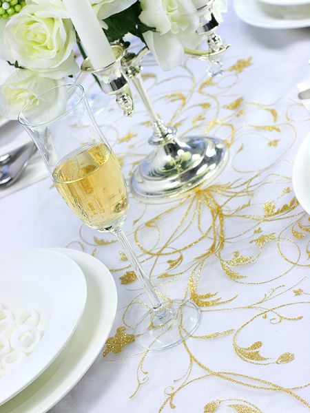 Organza Bieżnik Kremowa Złoty Wzór Dekoracja Stołu Komunia Chrzest Wesele zdjęcie 4