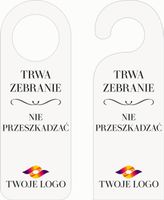 ZAWIESZKA NA DRZWI hotelowa biała plexi TRWA ZEBRANIE z twoim LOGO