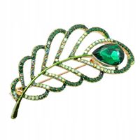 Piękna broszka z cyrkoniami piórko 6cm zielony