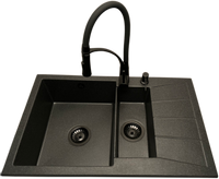 Zlewozmywak 1,5 komorowy z ociekaczem MILOS grafit z prawym ociekaczem + bateria NEXO + dozownik