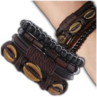 Męska bransoletka czarna brązowa skórzana PUNK komplet 4szt muszelki