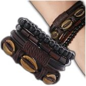Męska bransoletka czarna brązowa skórzana PUNK komplet 4szt muszelki