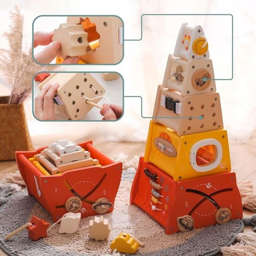 Drewniana piramidka edukacyjna Montessori sorter kształtów, labirynt, cyfry na Arena.pl