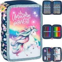 BACKUP PIÓRNIK SZKOLNY TRZYKOMOROWY WYPOSAŻENIE KREDKI PISAKI JEDNOROŻEC