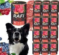 karma mokra dla psów rafi z wołowiną, borówką i żurawiną 400g - 24 szt.