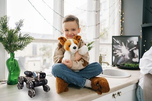 Zdalnie Sterowany Pies Robot 8 Kół Gesty Muzyka Para Wodna Obrót 360 LED na Arena.pl