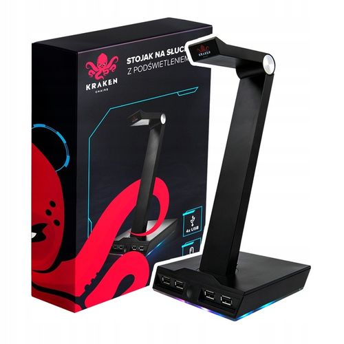 STOJAK UCHWYT NA SŁUCHAWKI LED RGB PODŚWIETLENIE HUB + 4x USB na Arena.pl