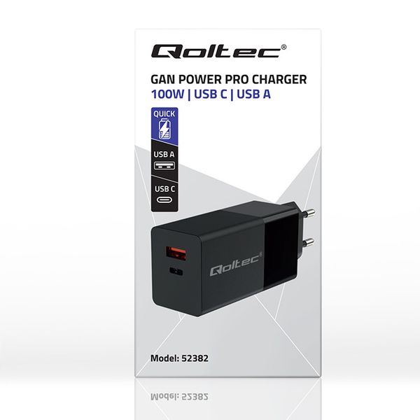Qoltec Mocna Ładowarka GaN POWER PRO 1xUSB-C 1xUSB 100W 5-20V 1.5-3.35A PD zdjęcie 5