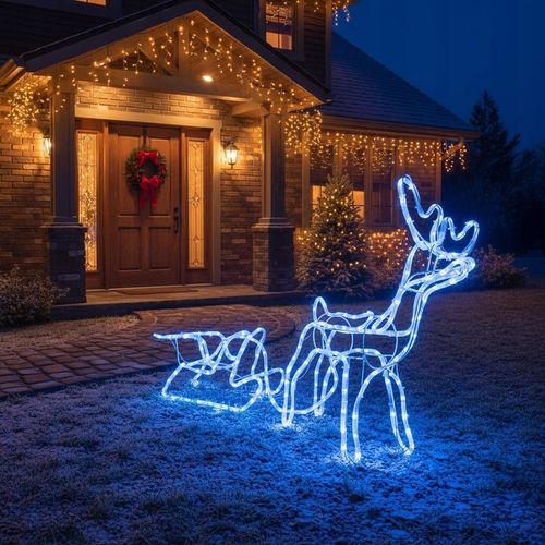 Renifer z Saniami LED Świecący Świąteczny Na Zewnątrz Do Ogrodu Niebieski na Arena.pl