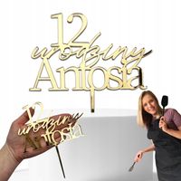 TOPPER na tort URODZINY IMIĘ 18 40 50 30 LICZBA toper ozdoby lustro złote