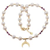 Naszyjnik - Białe Perły, Rubin, hematyt i srebro złocone