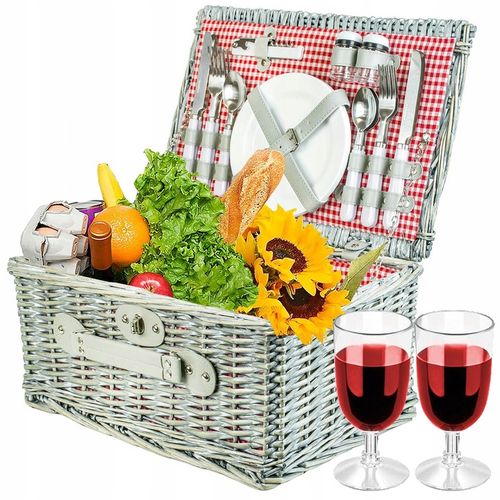 Duży kosz piknikowy z zestawem sztućców talerzy dla 4 osób biała wiklina na Arena.pl