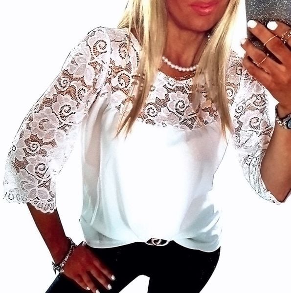 . BIAŁA BLUZKA ELEGANCKA Z KORONKĄ KOSZULA LUŹNA zdjęcie 1